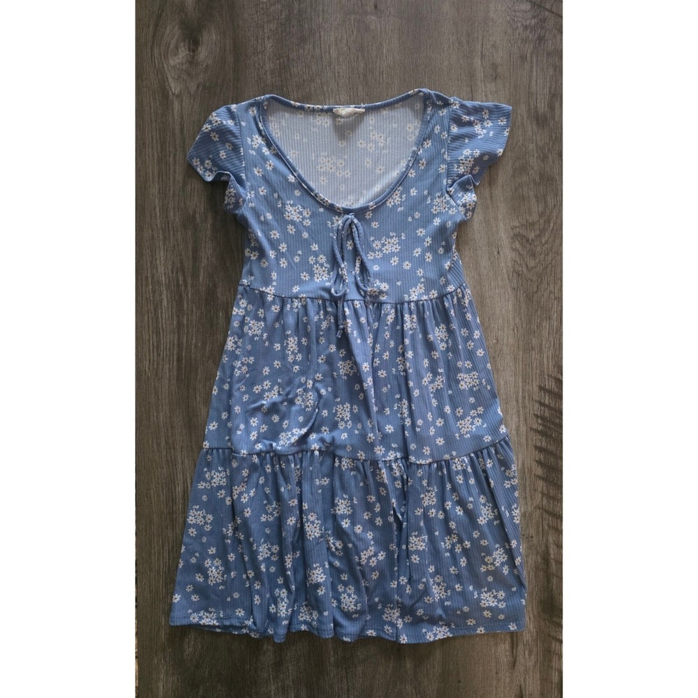 Blue Daisy‎ Floral Ribbed Tiered Babydoll Mini Dress Tie Front Flutter Sleeve XS
